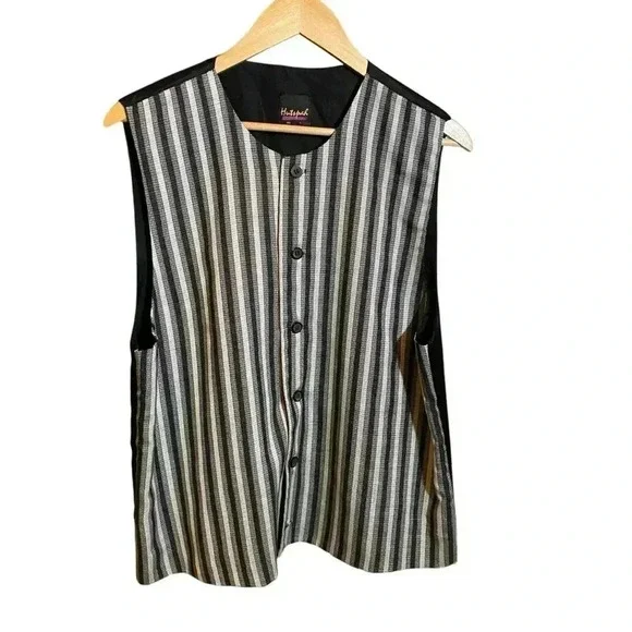 Hutspah Men's Vest Black-Grey Stripe 5 Buttons Black Lining Size L - Picture 12 of 12